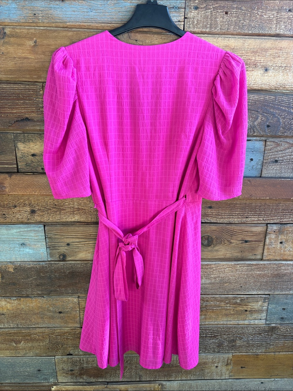 Charles Henry Hot Pink Wrap Mini Dress with Puff Sleeves - Picture 4 of 7